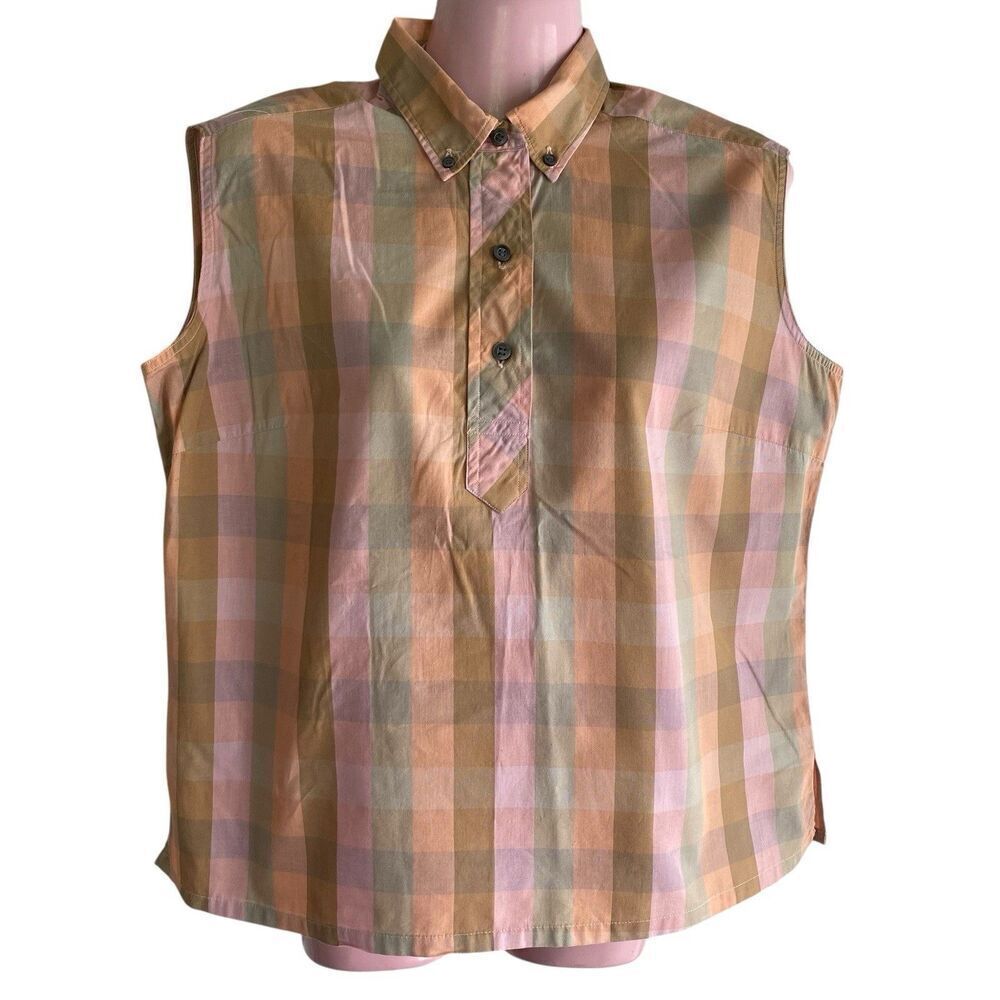 Vtg 50s Ship'n Shore Blouse Womens Sz 36 Pink Peach Check Pullover Sleeveless